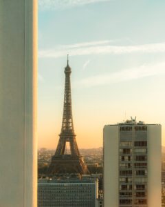 Dreamy Eiffel Tower in Paris seen from distance.
