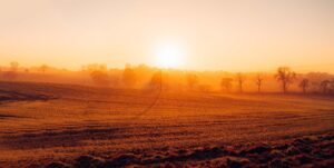 Sunset over fields in England.