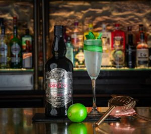 Triple Six Gin bottle standing on the bar with lime and a strainer.
