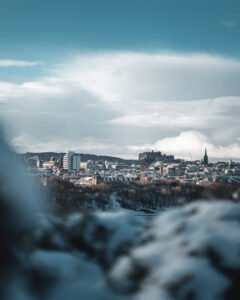 Winter Edinburgh Castle seen from Arthur's Seat.